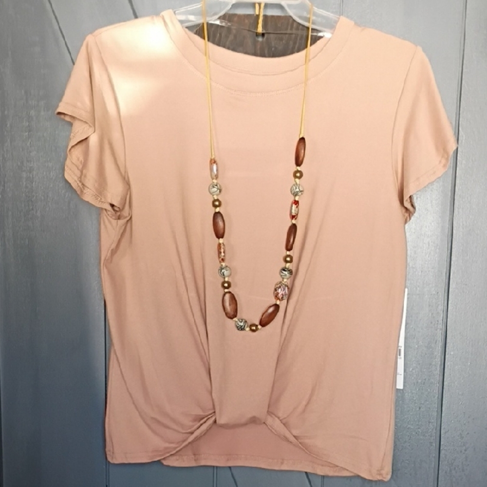 Just Be Elegant Tan Short Sleeve Top With Necklace